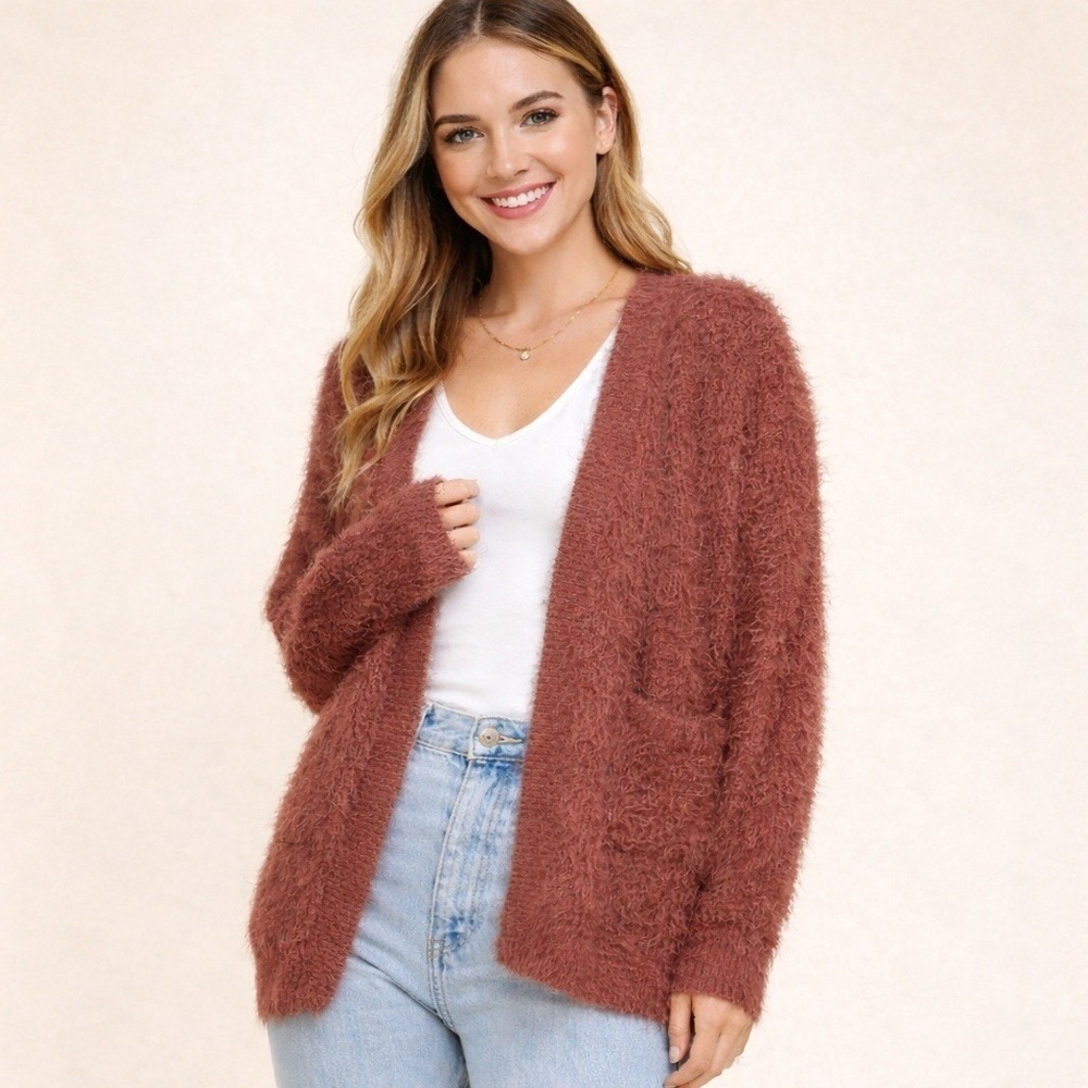 Pinch Oversized Eyelash Knit Open Front Cardigan Mauve Brown S/M New